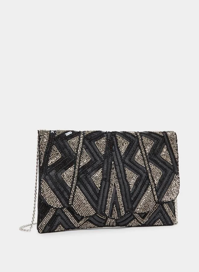 Women Black Embellished Clutch Bag